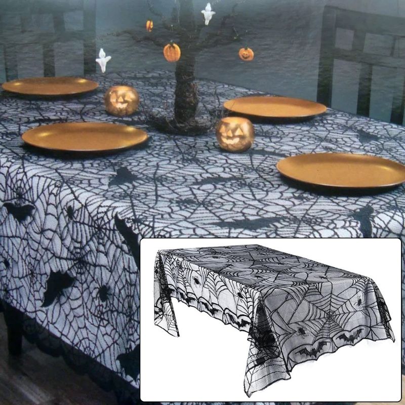 48.03x88.19 Inches Spider Web Black Tablecloth Halloween Themed Party Decoration Horror Spider Bat Table Cloth Scene Decor Props