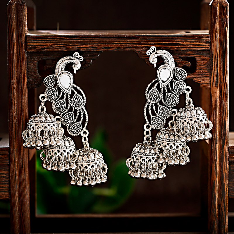 Retro Bollywood Geoxideerd Gypsy Sieraden Vrouwen Etnische Gold Afghaanse Birdcage Lange Keten Kwastje Pauw Gesneden Jhumka Indiase Oorbellen
