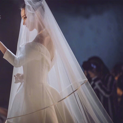 Foto real blanca/Marfil dos capas velo De novia 3,5 m Borde De cinta Mantilla velo De novia accesorios De novia Veu De Noiva