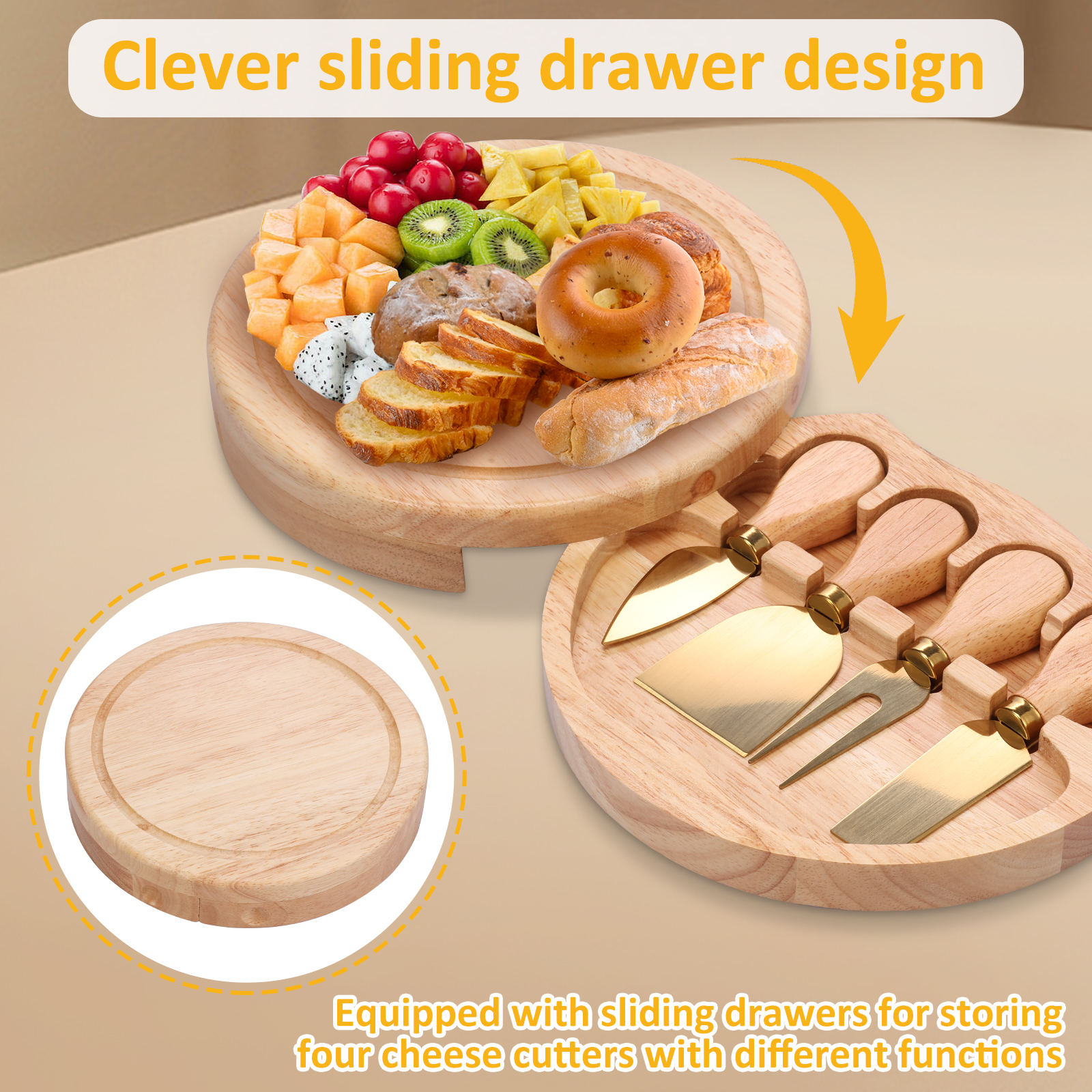 Kaasplank Set Houten Charcuteriebord met Kaassnijder en Vork Fruit Veggie Serveerschaal Keukengadget Dessertbord