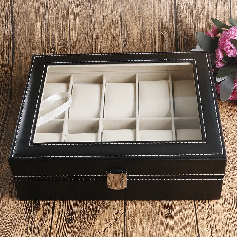 Mode 10 Grid Leather Watch Box Vitrine Jewelry Collection Organizer Houder Met Pads WB35 Horloges Accessoire