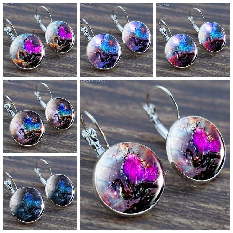 Pendientes de aro de para mujer, aretes de foto de dragón de Metal de Color plateado para mujer, de Navidad de vacaciones de , alas azules de dragón