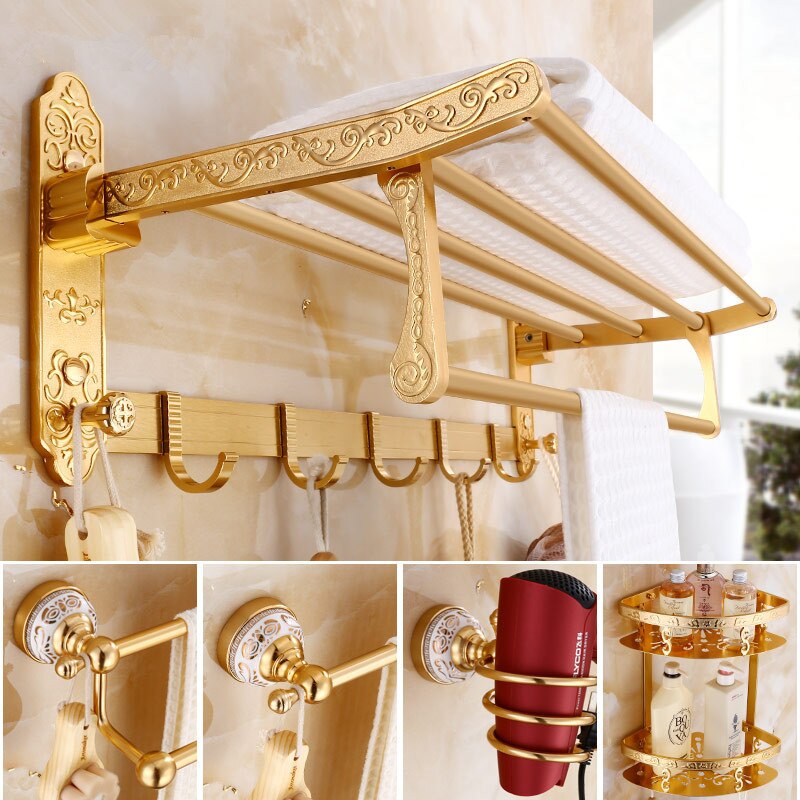 Bathroom Accessories Set Aluminum Carved Champagne Gold Towel Rack Towel Bar/Ring Toilet Brush Holder Corner Shelf Paper Holder