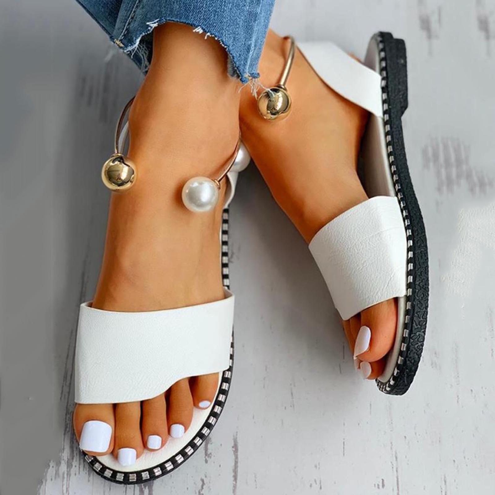 TELOTUNY – sandales antidérapantes pour femmes, chaussures à bout rond, couleur unie, avec boucle en perles, décontractées, tongs d'extérieur, été