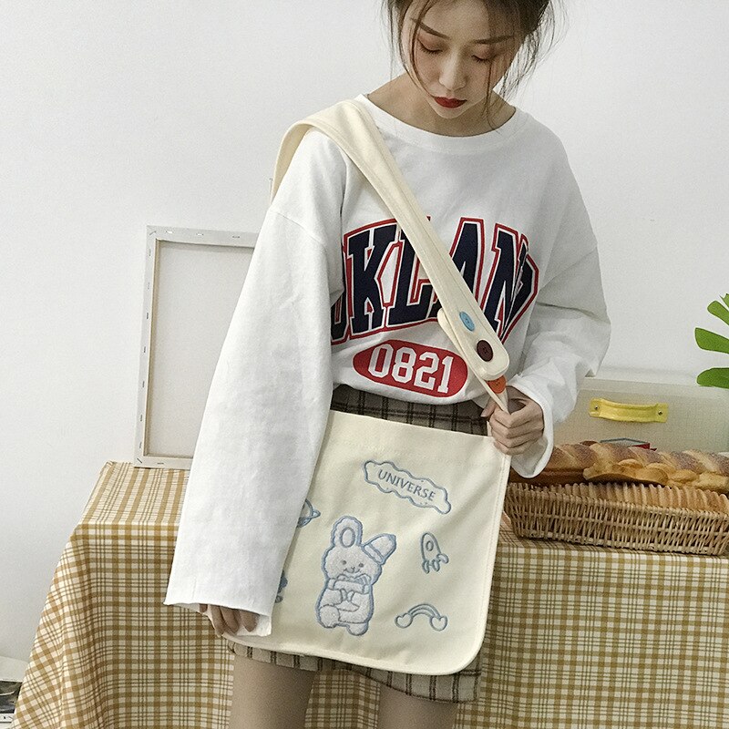 Preppy Style toile grande capacité sac à provisions femmes coton brodé sac à bandoulière décontracté sac de messager Bolsa Feminina