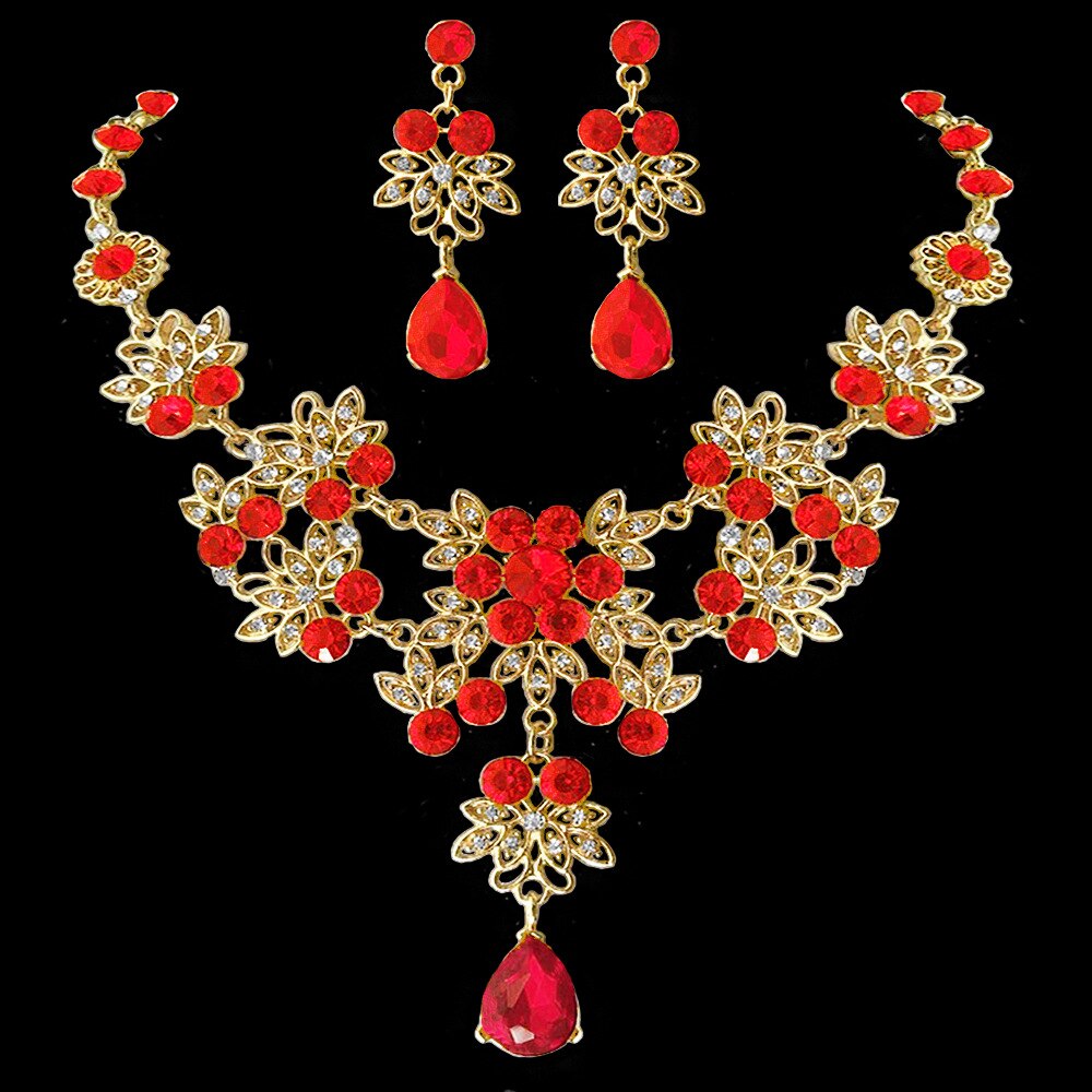 Conjunto de joyas para novia, Set de joyas de cristal, Tiara, corona, pendientes, Gargantilla, collar, boda, Dubái, oro, rojo, azul, verde, Barroco: 2Pcs Red Jewelry Set