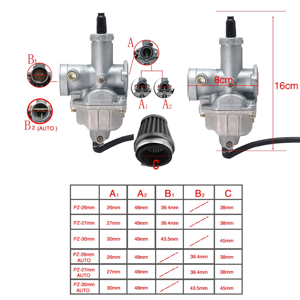ZS Racing PZ26 PZ27 PZ30 Carb Auto Manu Carburetor + Air Filter For 50cc- 250CC Dirt Pit bike ATV Quad Go kart SUNL TAOTAO