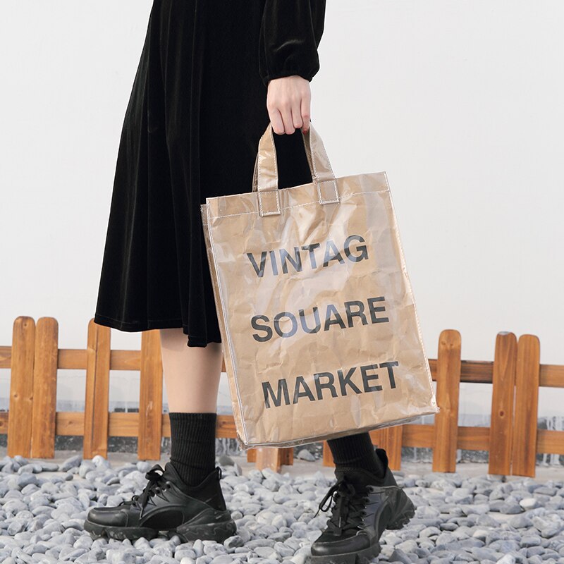 Geplooide Kraftpapier Tote Boodschappentassen Vintage Brief Grote Capaciteit Waterdichte Schoudertas Portemonnee En Handtassen