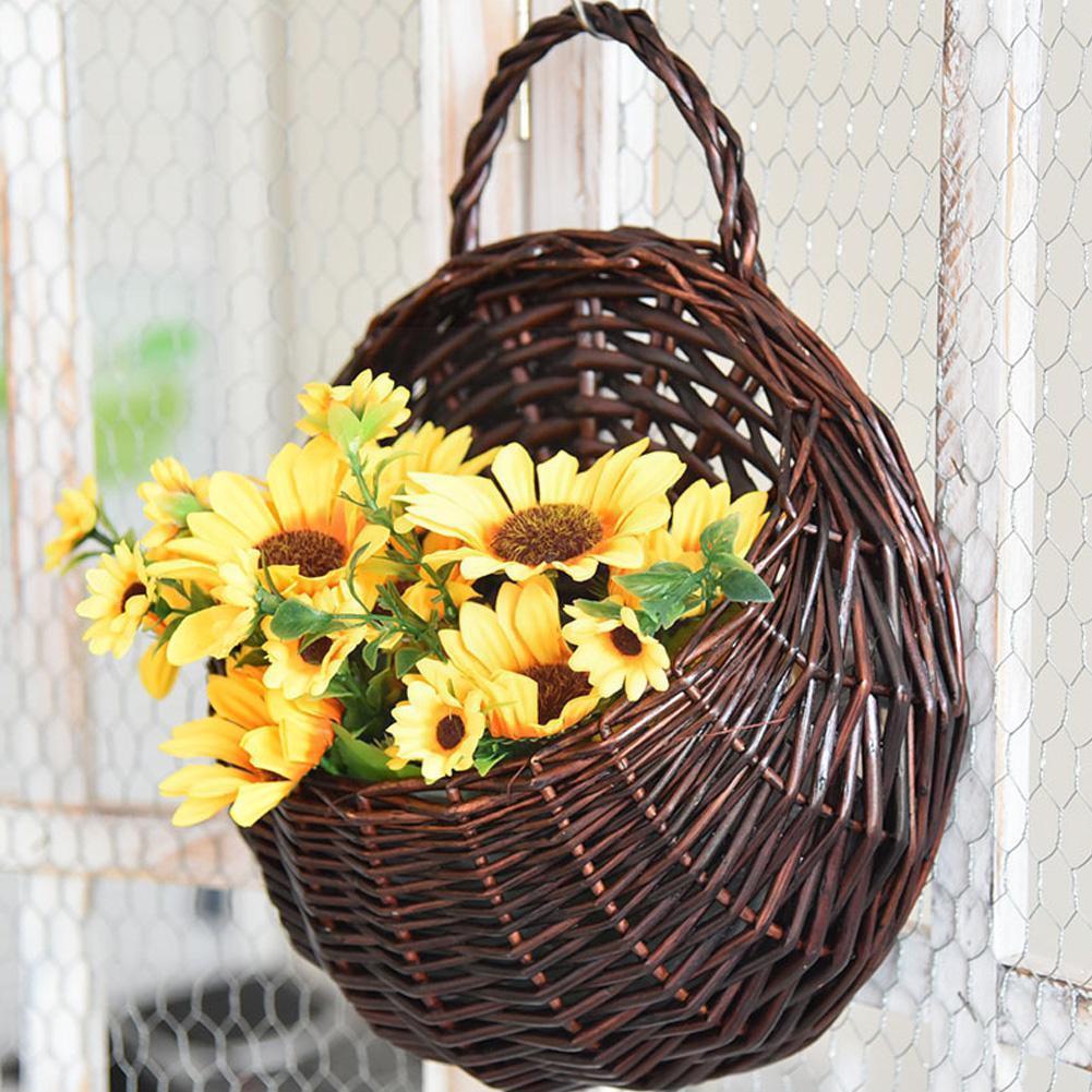 Flower Basket Wall Hanging Natural Wicker Flower Pot Home Rattan Basket Planter Container Decoration Vase Wall Storage Gard N0f8