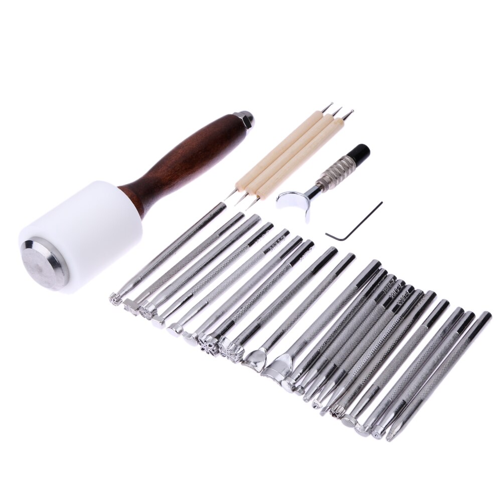 25 unids/set Manual de acero inoxidable de cuero sello tallado martillo estampado biselador Kit de herramientas artesanía para el hogar escultura herramientas de costura: 25pcs