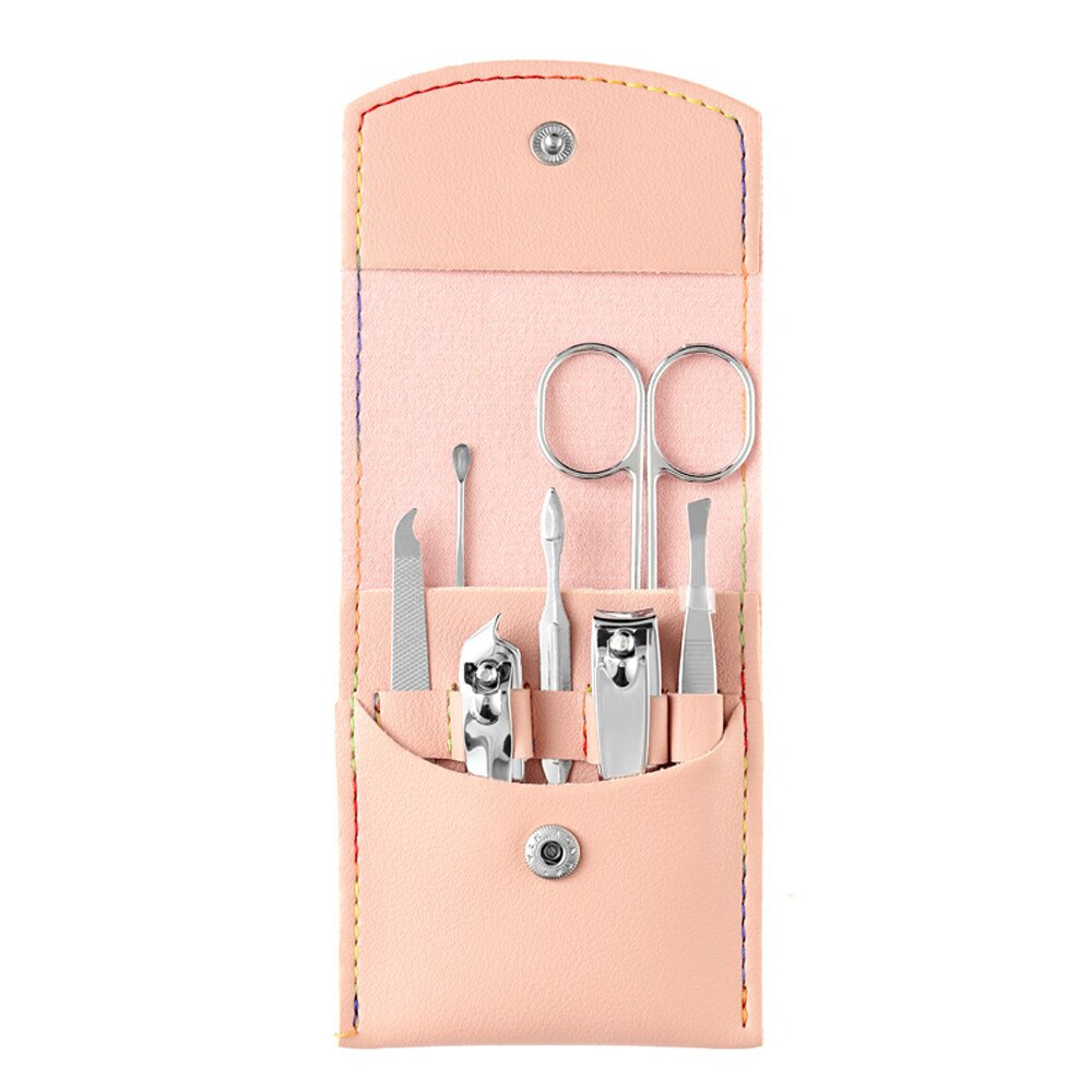 Juego de tijeras de pedicura, cortador de uñas de acero inoxidable, hebilla de cuero plegable, gancho de águila, juego de herramientas de cortaúñas, 7-15 piezas: Pink