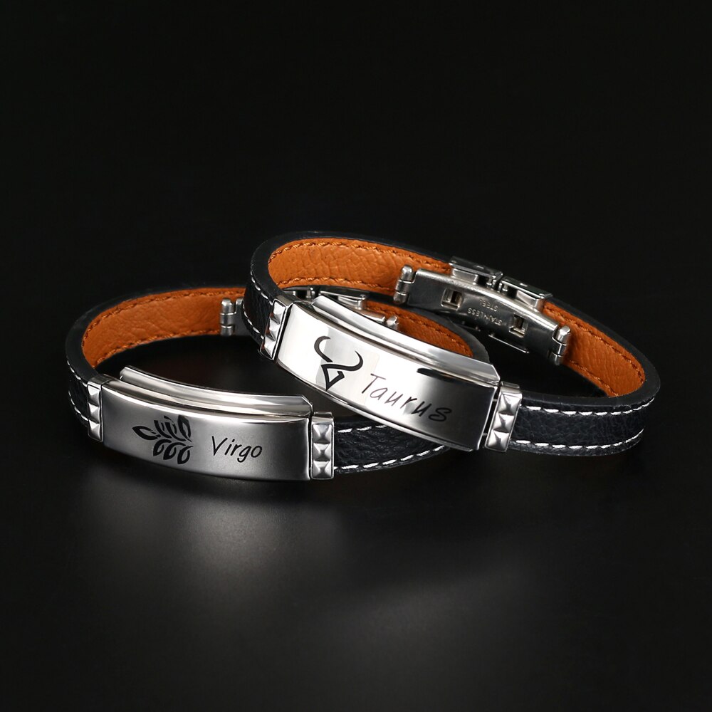Pulsera de acero inoxidable con 12 Constelaciones para hombre, joyería de , Charm, cuero negro, signos del zodiaco informales, Punk,