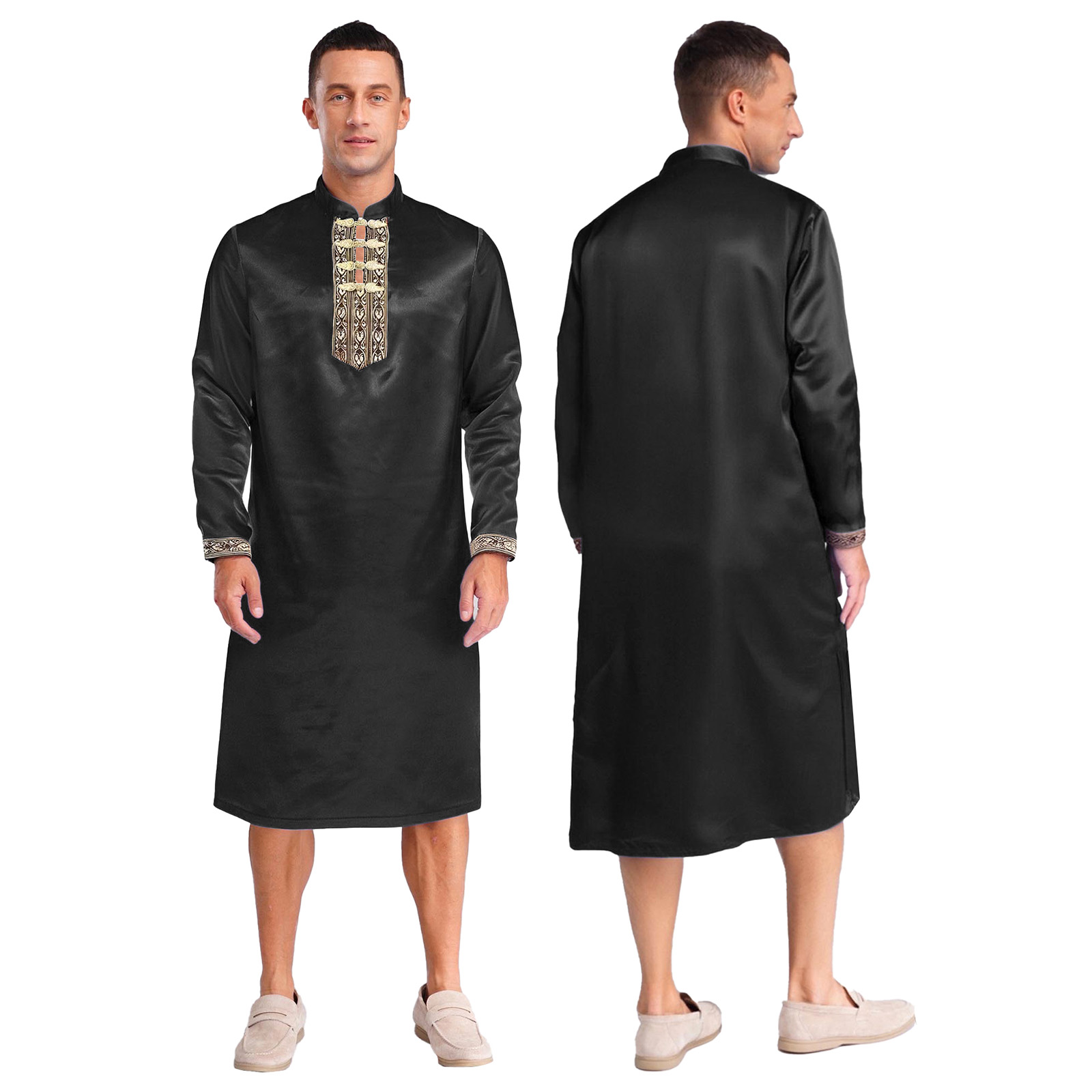 Túnica india para hombre, ropa de oración, disfraz de Cosplay tradicional, satén bordado, botones de nudo Kurta, bata musulmana con abertura lateral: XXL / Gris