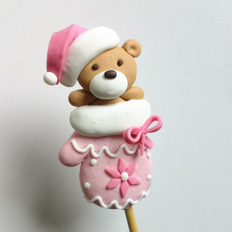 Santa Claus Elk Snowman Christmas Cake Toppers Tree Deer Shoe Happy Year Decorations Party Baking Supplies Kid Love: Glove bear