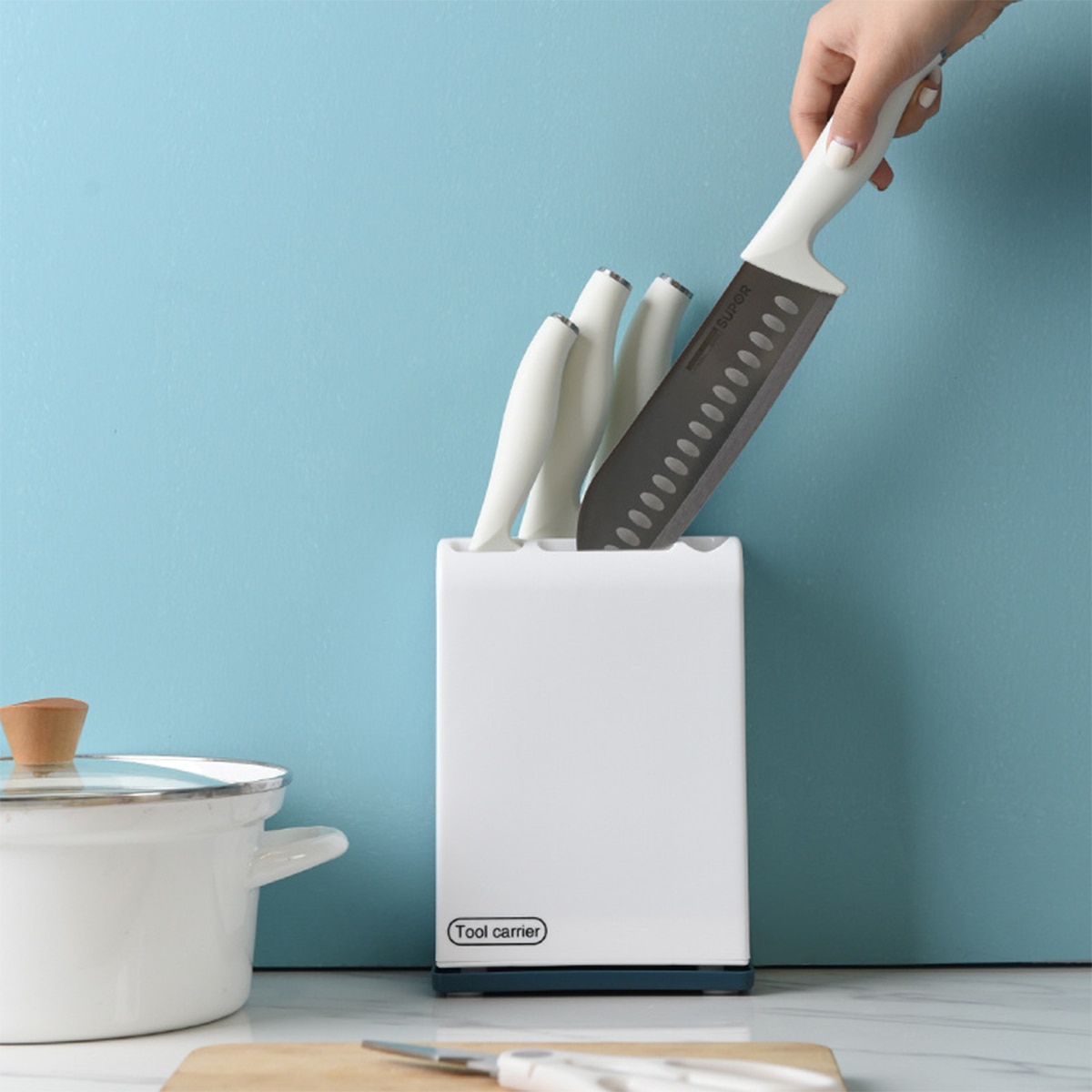 Universal knivblok, køkkenredskabsholderholder i hård plast med skridsikre puder til bordplader: Som billede