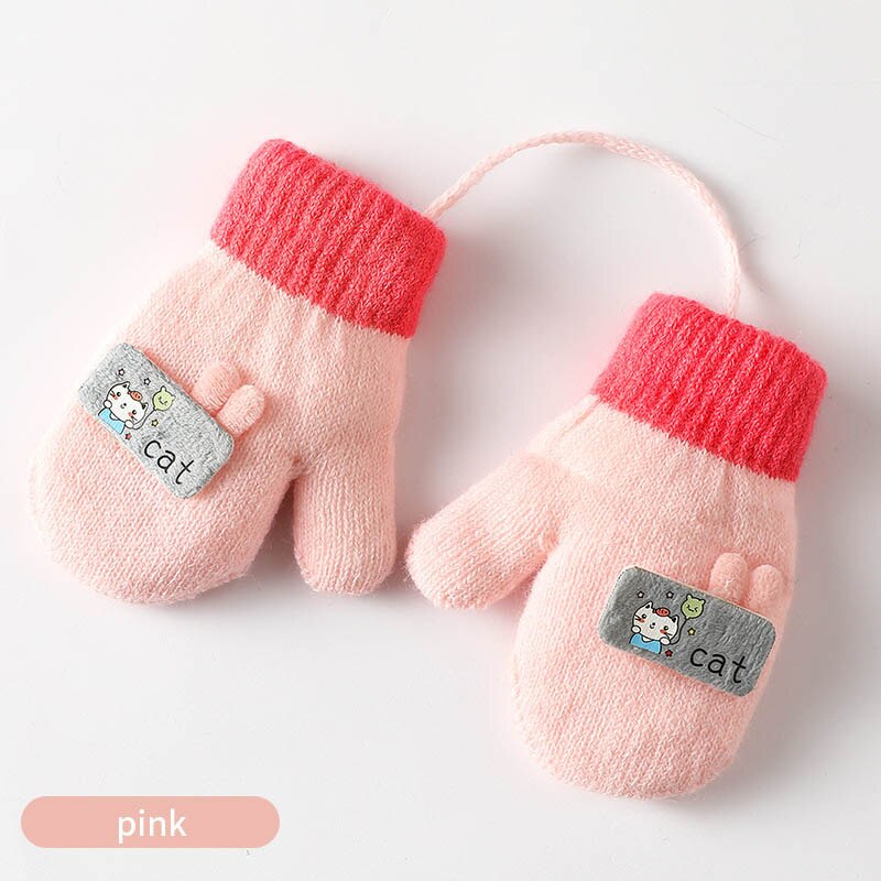 Guantes gruesos y cálidos para bebé, manoplas de punto suave con dibujos animados, cuerda para niño de 1 a 5 años: pink