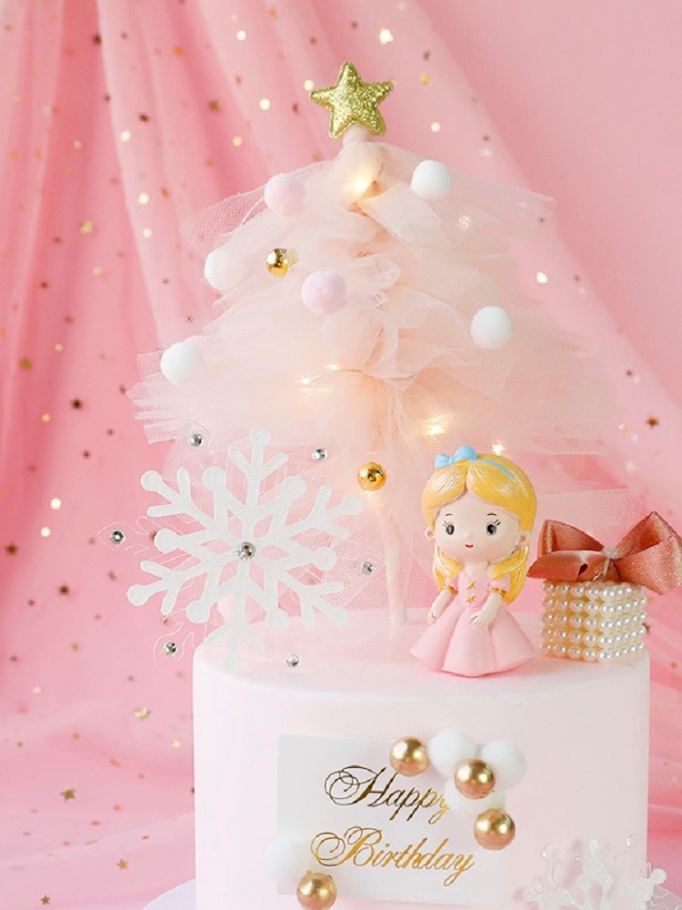Costume de noël rose en fil d'arbre | Décorations de princesse de neige pour filles, décoration de gâteau, fournitures pour fête d'enfants, pour la pâtisserie, adorables