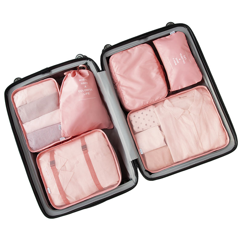6Pcs/Set Waterproof Travel Bag Suitcase Packing Set Storage Organizer Portable Luggage Organizer Case Clothes Shoe Tidy Pouch: Pink