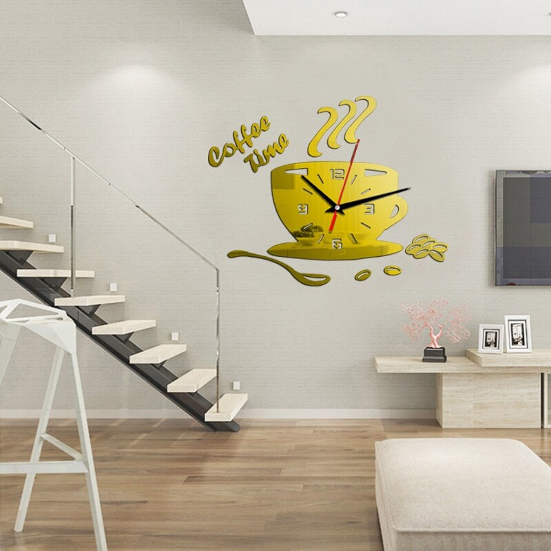 Horloge murale numérique 3D à effet miroir, en forme de tasse de café, pour décoration intérieure moderne, autocollants pour cuisine et salon, à faire soi-même