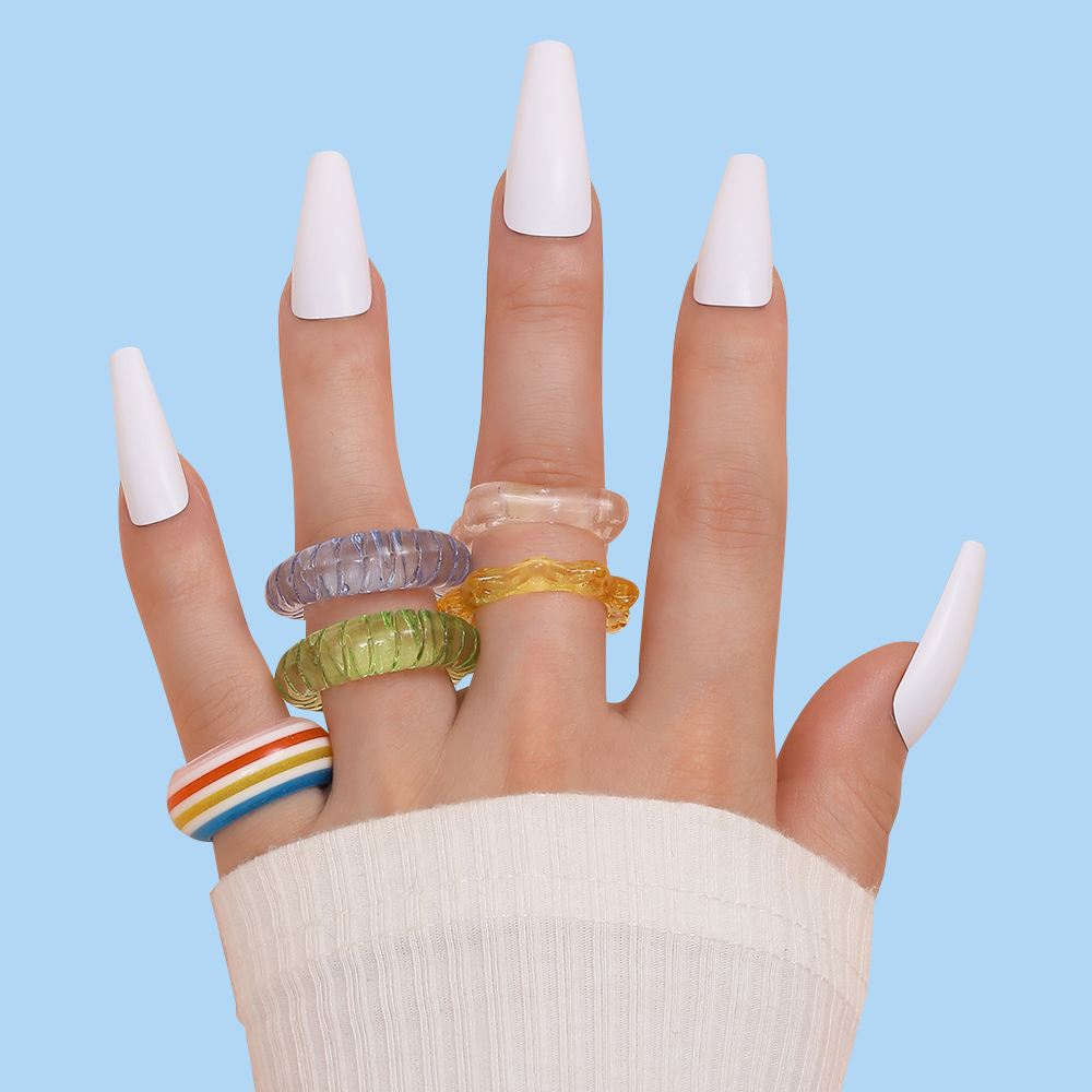 conjunto de anillos de resina acrílica transparente Multicolor geométrico para mujer, anillo de dedo apilable redondo de arcoíris a la , joyería de