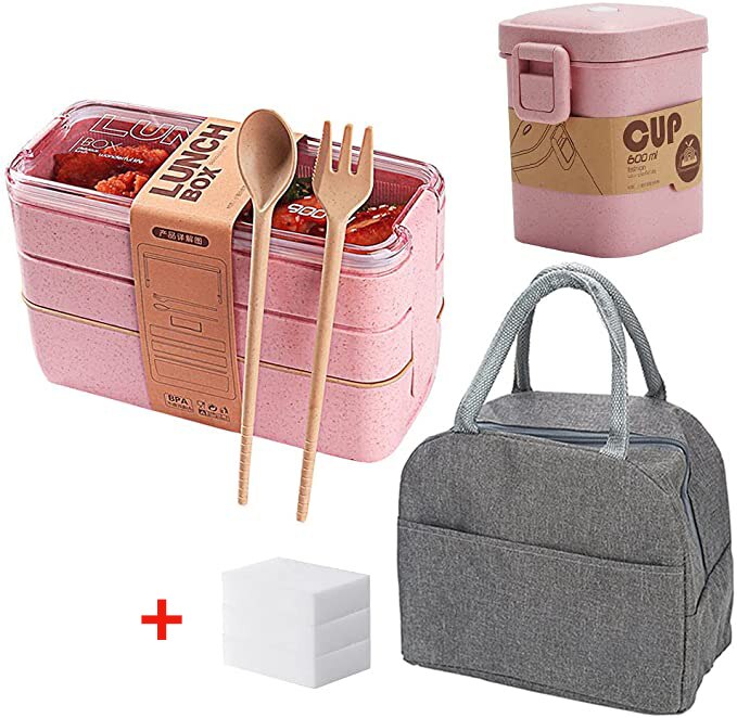 3 Layer Wheat Straw Lunch Box with Bag Japanese Microwave Bento Box with Fork Spoon Food Container for Student Office Staff: 1set pink A