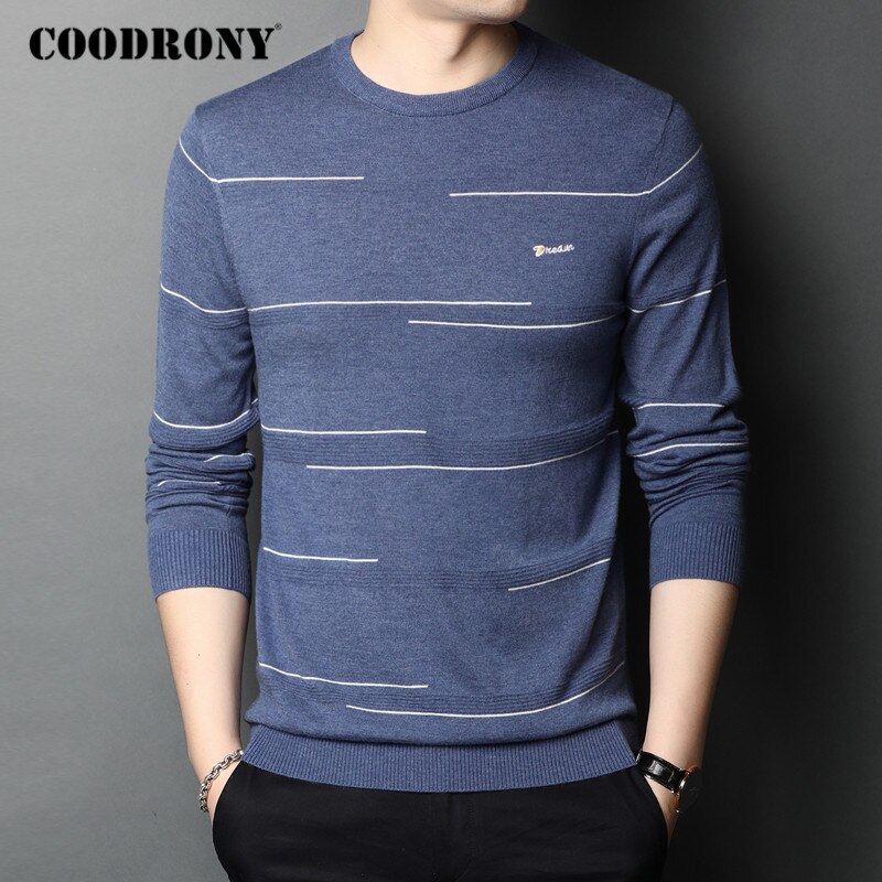 COODRONY Brand Sweater Men Streetwear Striped Pull Homme Autumn Winter Wool Knitwear Pullover Men C1097: Blue / L
