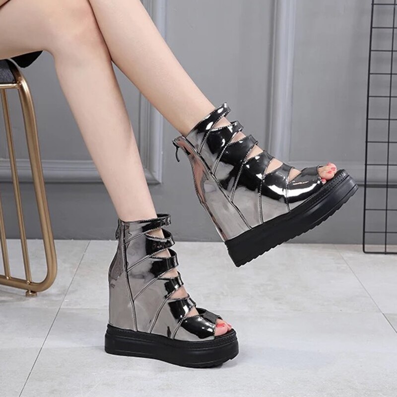 Dam höga klackar sandaler sommar läder dold klack gladiator sandaler dam platåskor kvinnlig chunky sandal