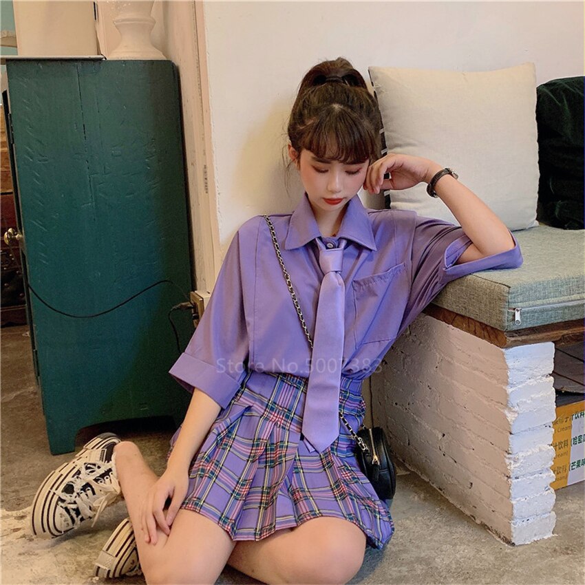 Uniforme JK Morado para mujer, ropa de calle de estilo Harajuku japonés, Falda plisada de talla grande para estudiantes escolares, ropa de Bar de Hip Hop