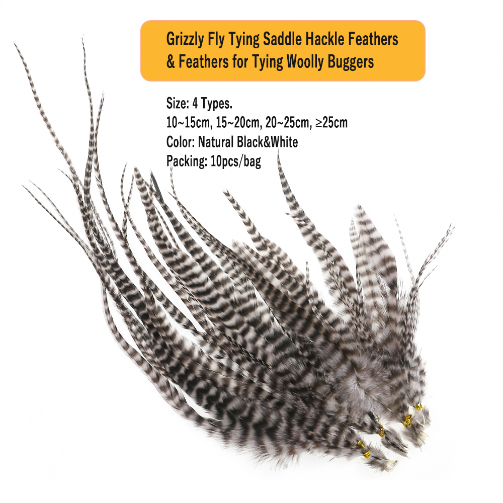 Wifreo, 10 Uds., plumas naturales para atar moscas en blanco y negro, plumas de pelo de gallo Grizzly para atar insectos lanosos Streamer