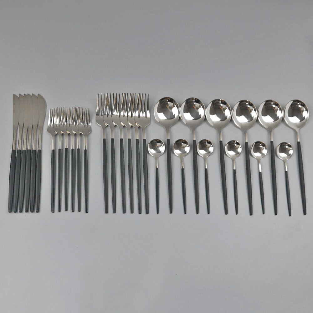 30 st svart guld servis set 18/10 rostfritt stål porslin bestick set enkel middag kniv gaffel sked cutler: Svart silver