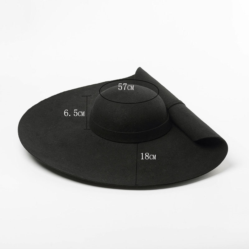 Otoño Invierno, sombrero de lana de mujer grande prensado, sombrero de fieltro de gran tamaño, sombrero redondo de ala ancha para mujer, sombreros negros tocados
