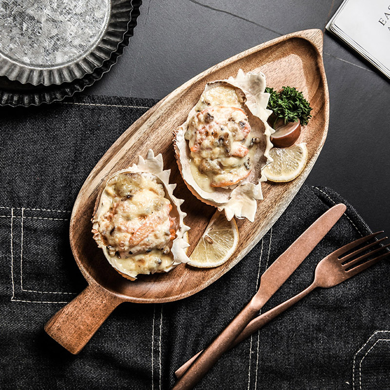 1Pc Acacia Houten Plaat Bladvorm Houten Dessert Brood Plaat Grote Fruit Cake Lade Voedsel Serveerschaal Houten Gebruiksvoorwerpen servies