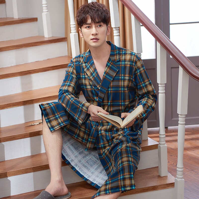 Chinese Style Spring Autumn Mens Bath Robe Long-sleeve Pure Cotton Pajamas for Men Bathrobe Male Kimono Dressing Gowns Sleepwear