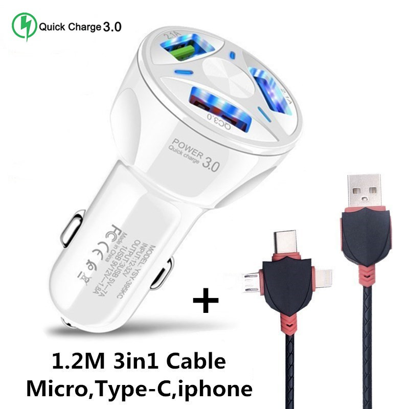 Goede 3.1A Auto Micro USB Charger Quick Charge 3.0 Mobiele Telefoon Oplader 2 3 Port USB Snelle Auto-oplader voor iphone ios Android Telefoon: White 3USB and Cable