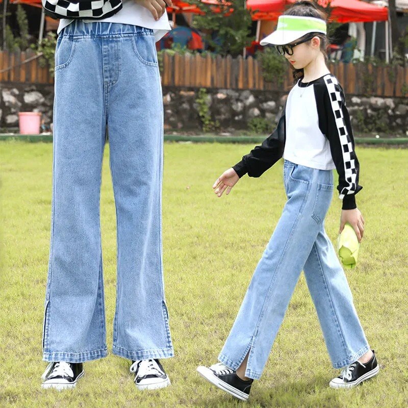 Pantalones vaqueros azules coreanos para niñas y adolescentes, pantalón largo de pierna ancha, para primavera, 4, 5, 6, 8, 9, 10, 12, 14 y 16 años