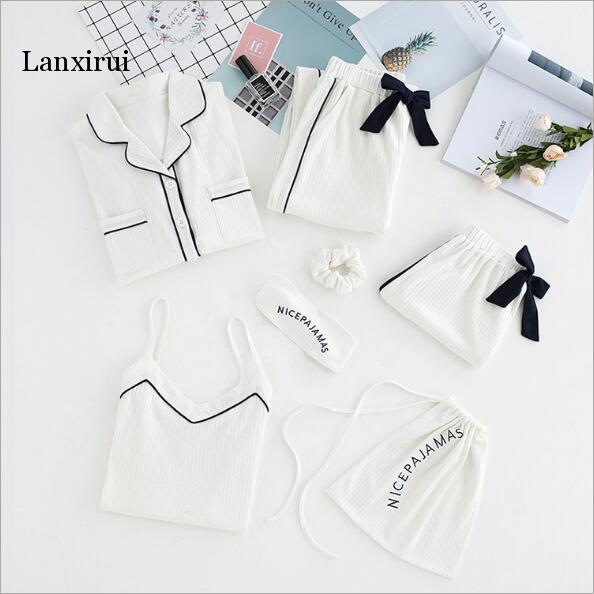 Pyjama Vrouwen 7 Pcs Pijama Sexy Night Suit Nachtkleding 100% Katoen Pyjama Set Lente Zomer