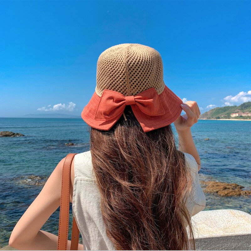 Summer Female Sun Hats Big Brim Classic Bowknot Straw Hat Outdoor Beach Cap for Women UV Protected Hat: Orange