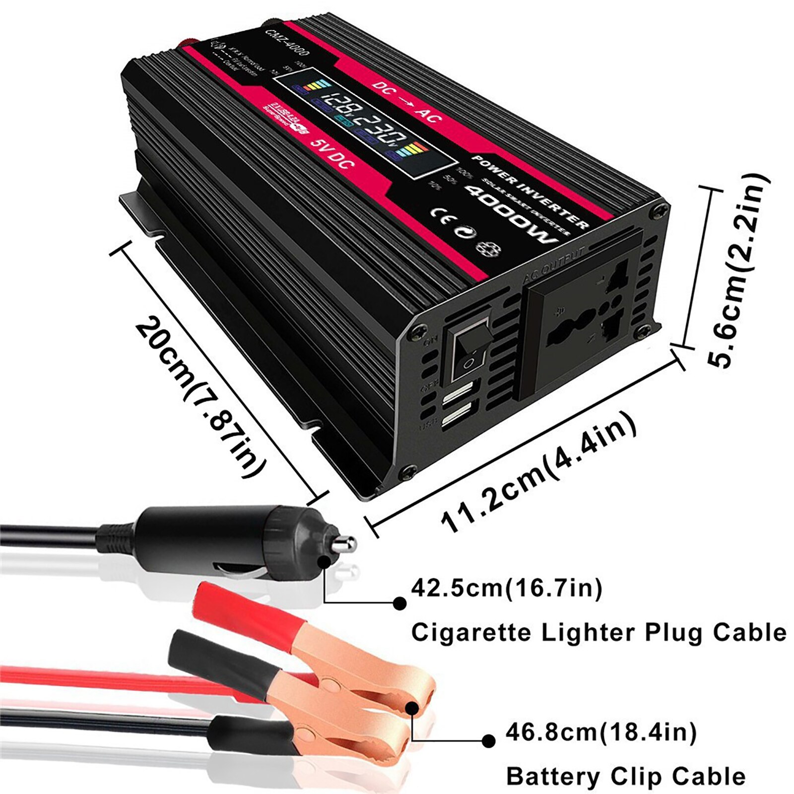 4000W LCD Display Solar Power Inverter 12V to 110V/220V Modified Sine Wave Solar Inverter with Battery Clip Cigarette Lighter