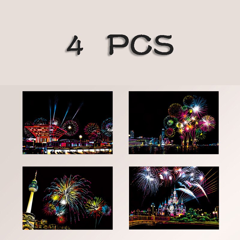 4 Stks/set Magic Kleurrijke A5 Tekentafel Papier Schilderen Schrapen Kinderen Tekening Onderwijs Speelgoed Schilderen Doodle Scratch Speelgoed: Fireworks