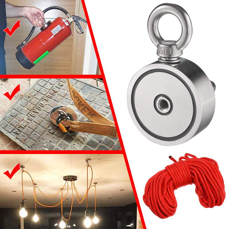 250KG D60mm Double face puissant rond néodyme aimant crochet de sauvetage aimant mer pêche équipements support + anneau et 10M corde