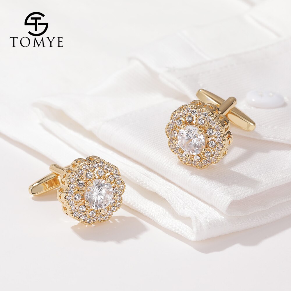 Men Cufflinks TOMYE XK20S004 Luxury Zircon Round Golden Shirt Cuff Links