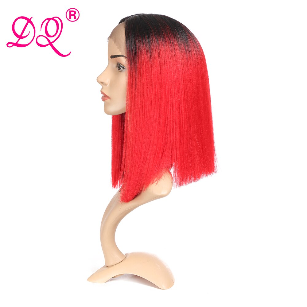 Dq Rechte Synthetische Lace Front Pruik Cosplay Pruik Korte Bob Pruik Ombre Zwart Rode Pruik Voor Vrouwen Midden Deel Warmte slip Fiber