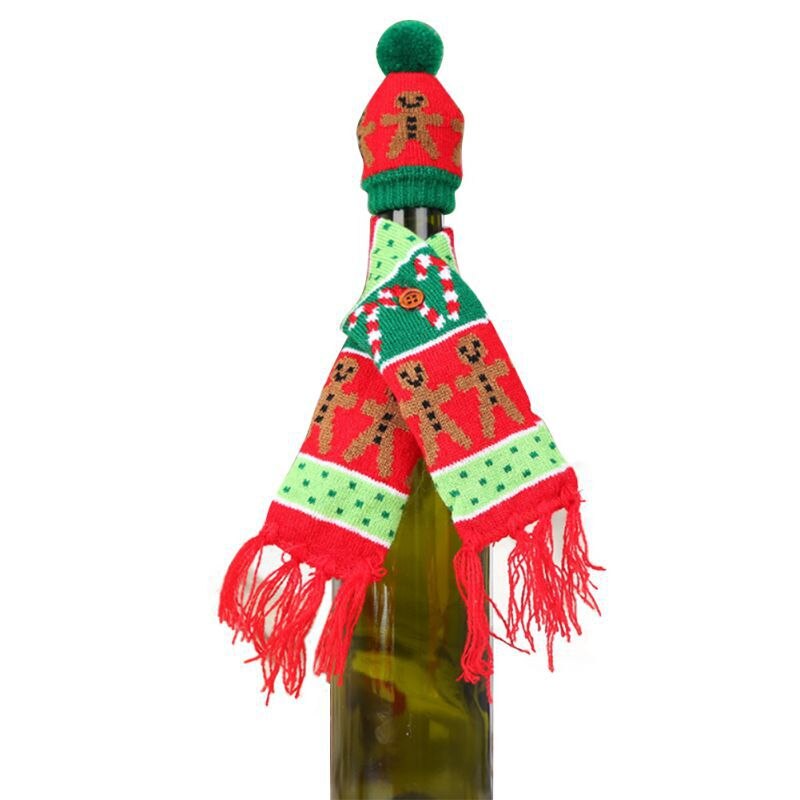 Knitted Ugly Sweater Christmas Wine Bottle Cover Set Scarf And Hat For Xmas Dining Table Decor Wrapping: A3