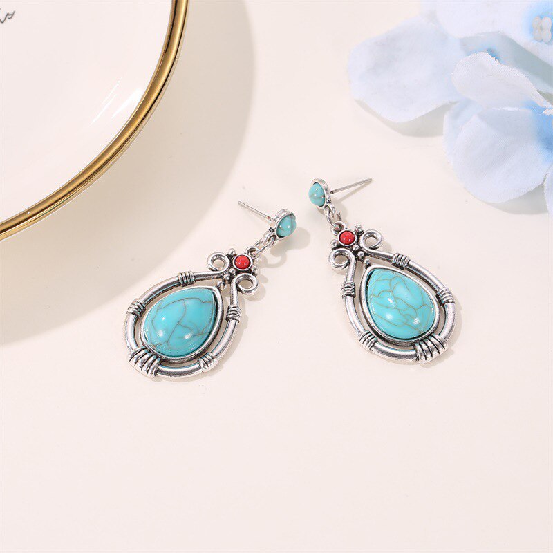 Modyle Vintage Tibetischen Silber Natürliche Türkisen Verkrustete Ohrring Blau Stein Wasser Tropfen Baumeln Ohrringe für Frauen Boho