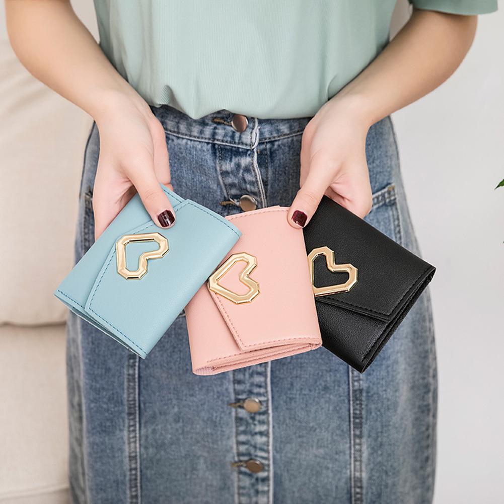 PinShang Women Short Wallet Heart 3-folds Candy Color PU Leather Magnetic Buckle Square Purse