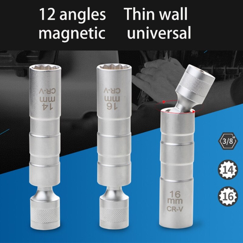 Swivel Magnetic Thin Wall Long Spark Plug Socket Universal Joint Extension Flexible Socket Wrench Removal Tool 14/16mm