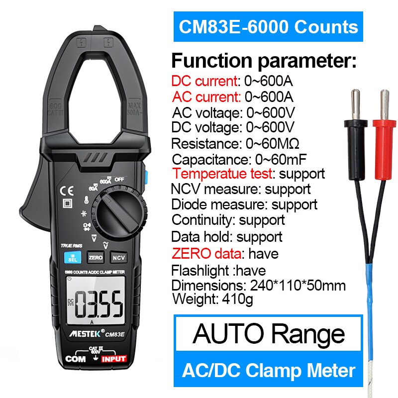 Digital AC DC Current Clamp Meter Auto Range 600A 6000 Counts True RMS Multimeter Resistance Frequency Tester NCV Ohm Tester: CM83E