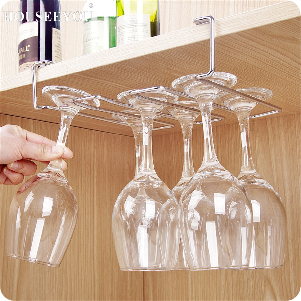 Wine Rack Holder Cabinet Wall Storage Organizer Hanging Holder Stainless Steel Wine Glass Cup Bar Hanger Shelf