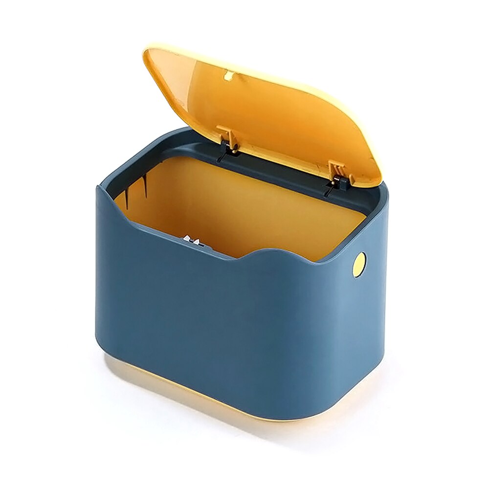 Mini skraldespand med låg desktop arrangør køkken bordplade lille affaldsspand kontorartikler hjem soveværelse badeværelse skraldespande: Blå gul