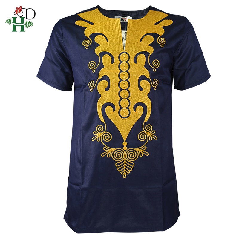 H&D african dashiki t shirt for men short sleeve men's shirts traditional african embroidered tops gold dark blue clothes